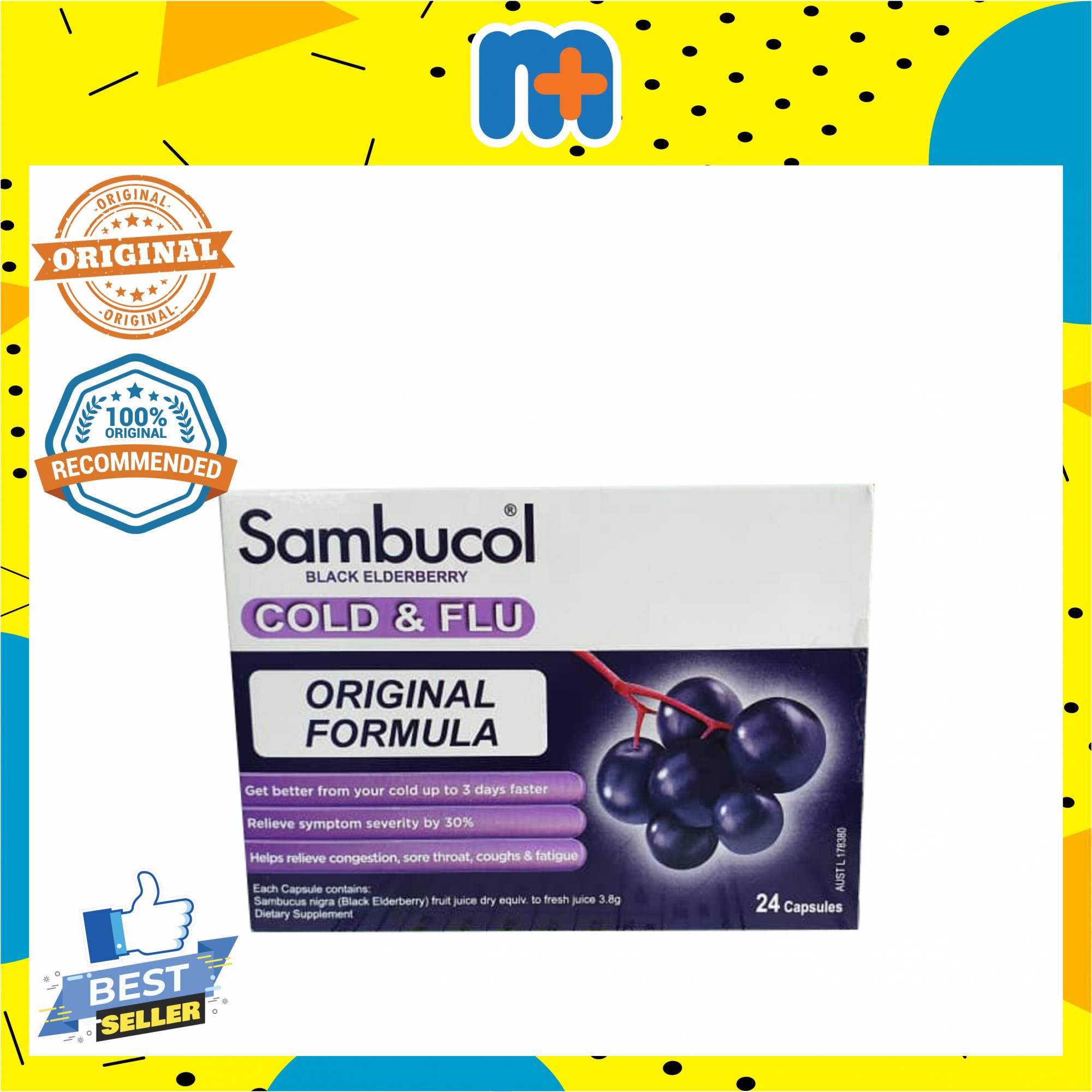 [MPLUS] SAMBUCOL BLACK ELDERBERRY COLD & FLU RELIEF TABLET 24S